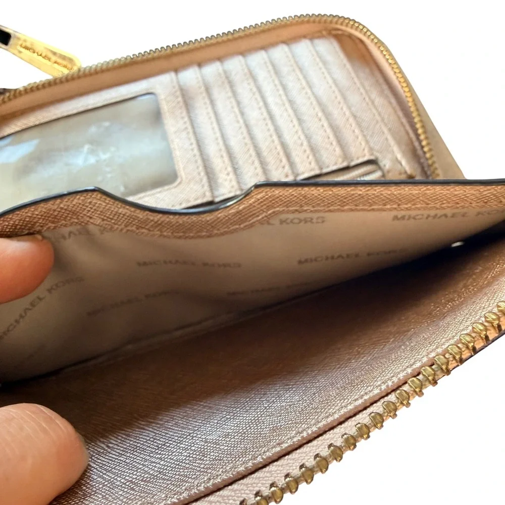 Michael Kors Wallet Rose Gold Glitter Zip Around Continental Wristlet Large Glam